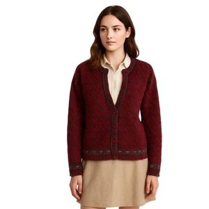 Vintage‎ Maggie White WoolBlend Knit Cardigan Sweater Red Gray Diamond Pattern M
